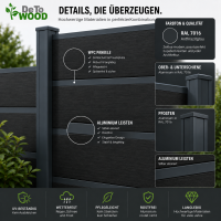 WPC Sichtschutzzaun Royal Plus Granit / Anthrazit mit Zierleisten in Anthrazit