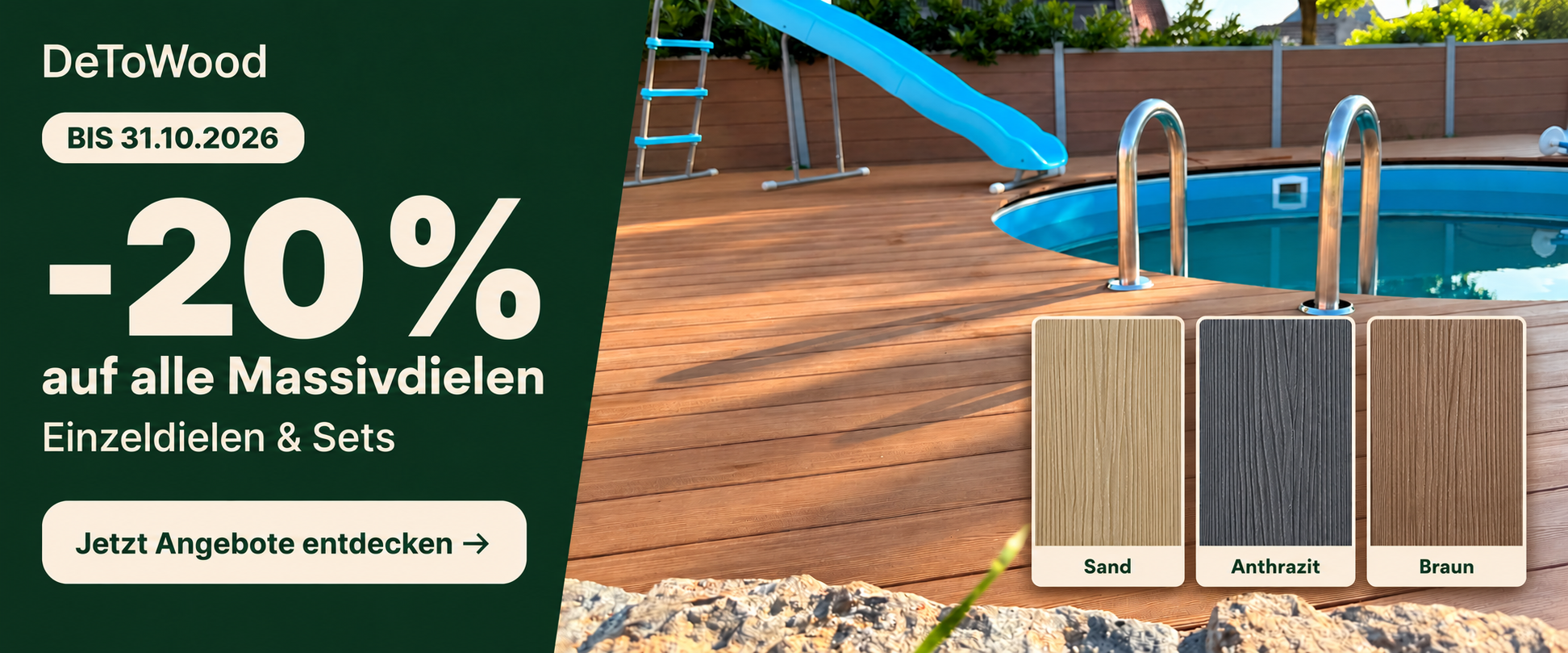DeToWood: 20 Prozent Rabatt auf alle Massivdielen, Einzeldielen und Sets in Sand, Anthrazit und Braun bis 31.10.2026